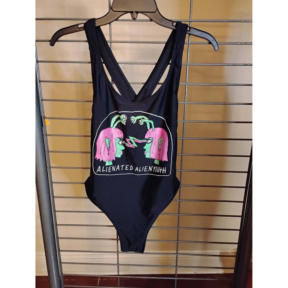 Volcom Alienated Alien Youth OnePiece Swimsuit Black Graphic Cross Back 03011807